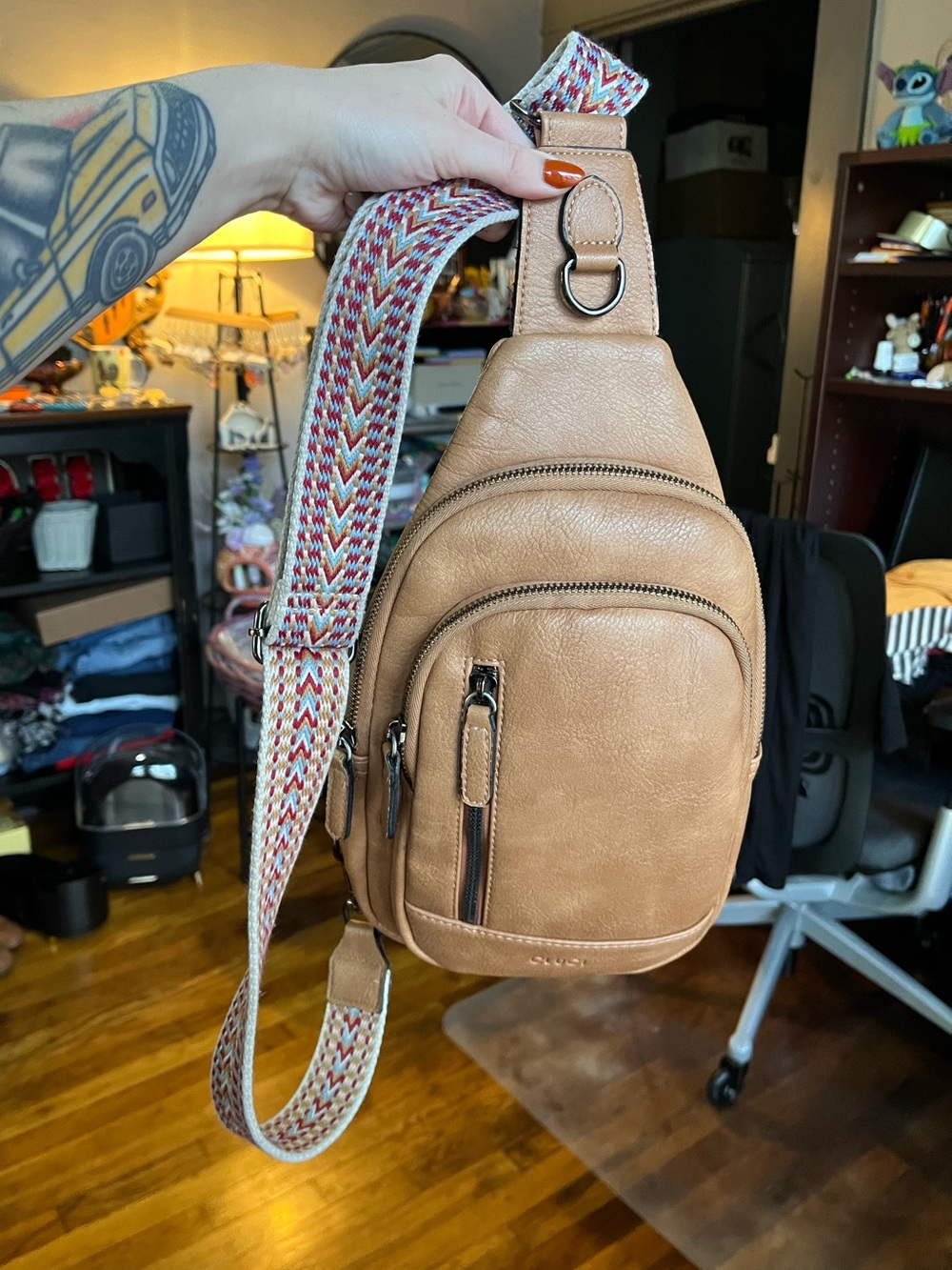 Cluci Boho Tan Faux Leather Crossbody Sling Bag